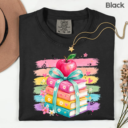 Coquette Stacked Books Teacher T-Shirt, Apple Ribbon Colorful Brushstrokes Comfort Color Tee