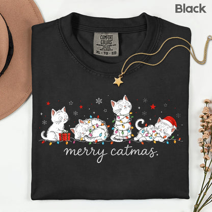 Merry Catmas Black Cats Christmas T-Shirt, Christmas Lights Black Kittens Cat Lover Tee