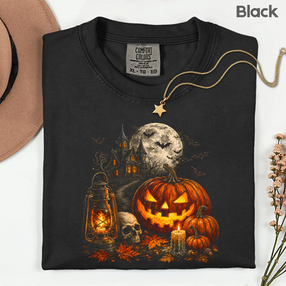 Vintage Haunted House Halloween T-Shirt, Pumpkin Lantern Jack O Lantern Spooky Autumn Tee