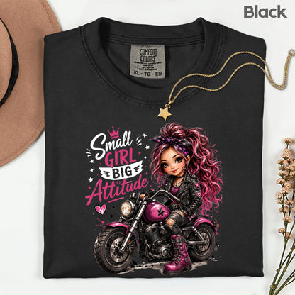 Small Girl Big Attitude Biker Girl T-Shirt, Pink Motorcycle Cute Rocker Tee