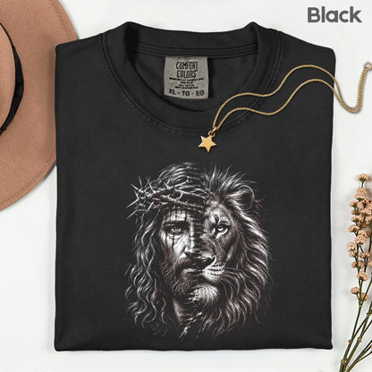 Lion and Jesus Christian Faith T-Shirt, Lion of Judah Crown of Thorns Sketch Tee