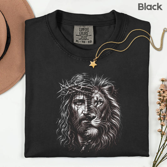 Lion and Jesus Christian Faith T-Shirt, Lion of Judah Crown of Thorns Sketch Tee