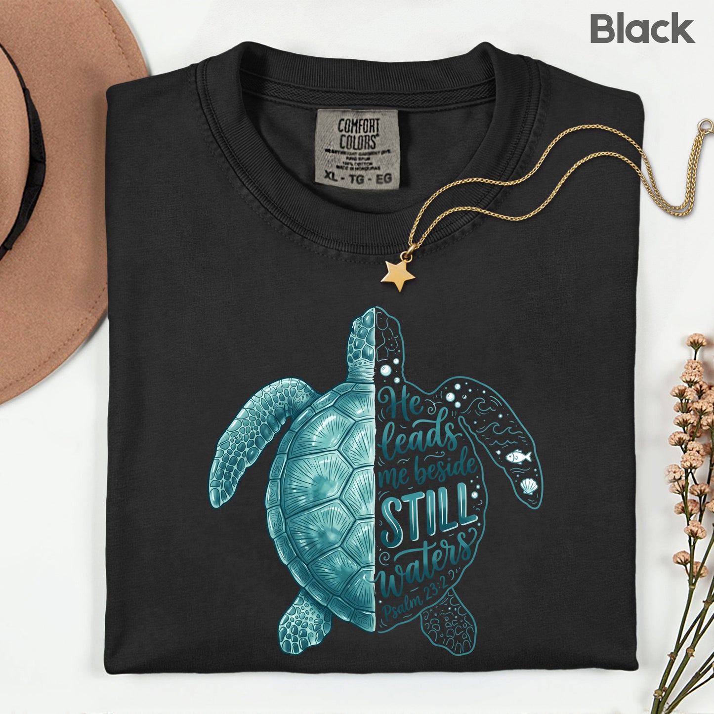 Christian Sea Turtle Psalm 23 T-Shirt, He Leads Me Beside Still Waters Faith Tee