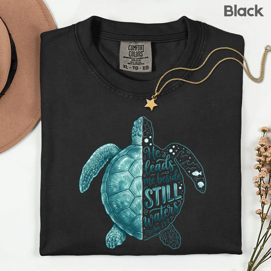 Christian Sea Turtle Psalm 23 T-Shirt, He Leads Me Beside Still Waters Faith Tee