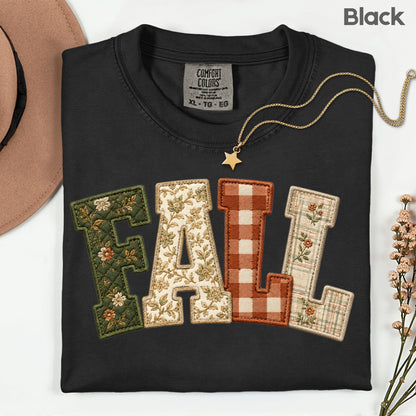 Fall Patchwork Chenille Letters T-Shirt, Quilted Plaid Autumn Thanksgiving Comfort Color Tee
