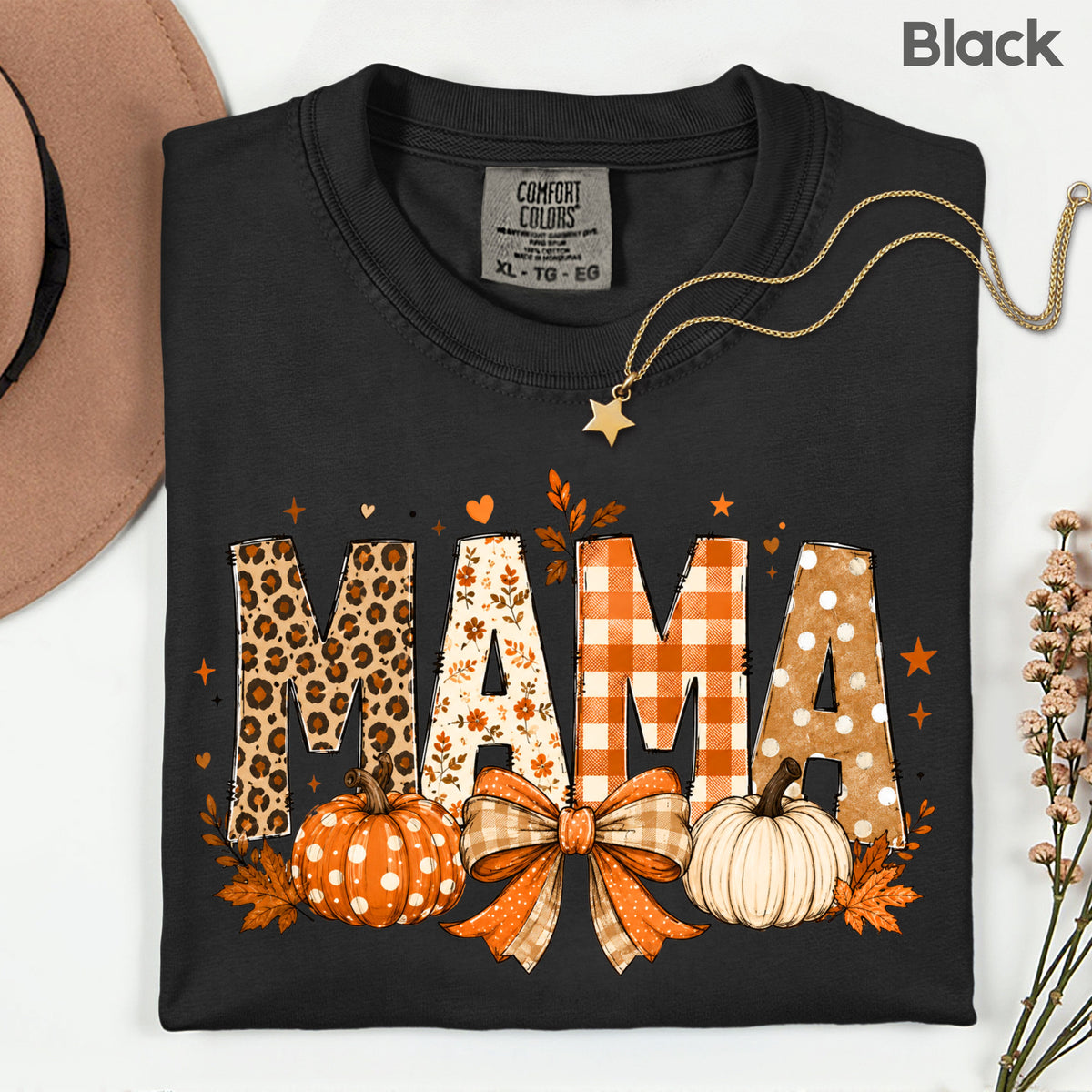 Fall Mama Pumpkin Leopard Plaid T-Shirt, Varsity Letters Autumn Leaves Bow Thanksgiving Mom Tee