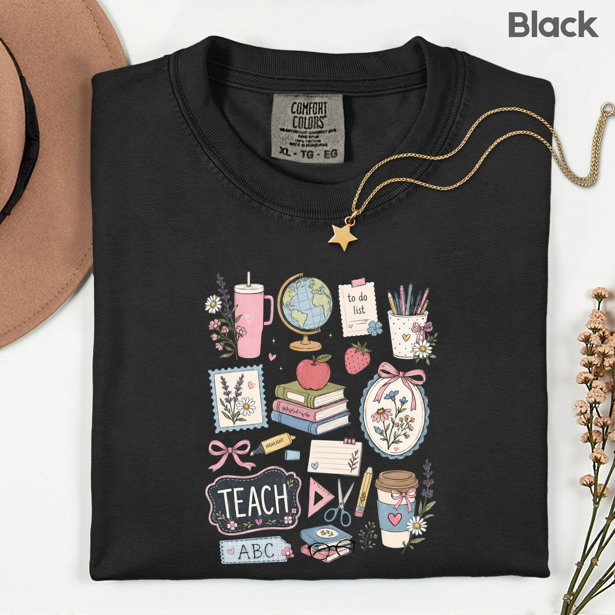 Cute Teacher Supplies Coquette T-Shirt, Books Coffee Globe Pink Bows Back to School Tee