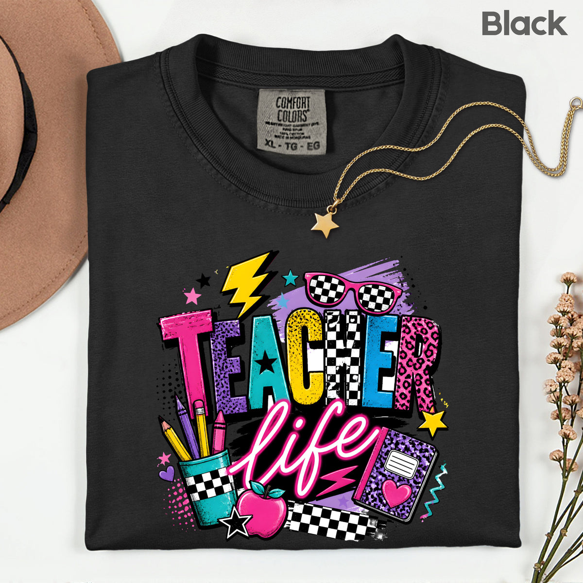 Retro Neon Teacher Life T-Shirt, Colorful Doodle Graffiti Checkerboard Sunglasses Back to School Tee