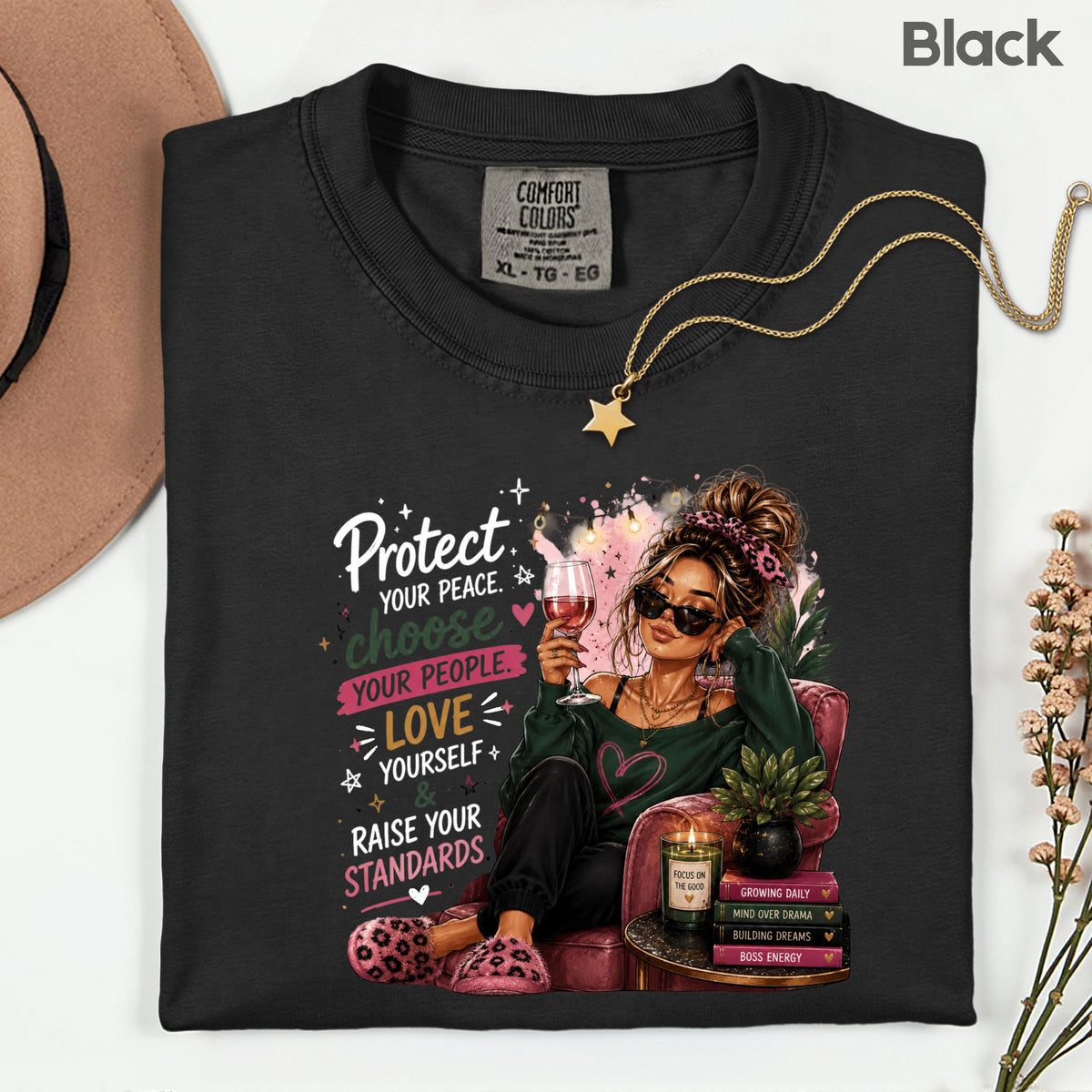 Inspirational Self Care Girl Protect Your Peace T-Shirt, Love Yourself Wine Woman Quote Tee