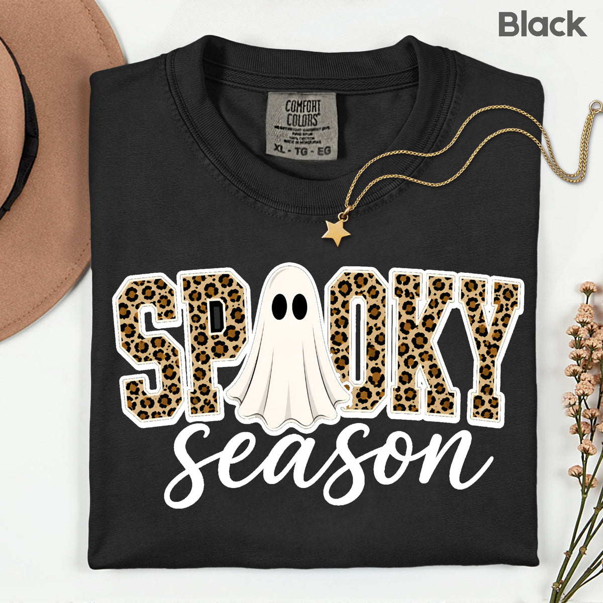 Halloween Spooky Season Ghost T-Shirt, Leopard Print Cheetah Varsity Letters Tee
