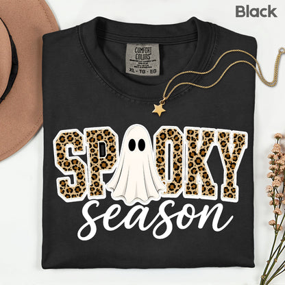 Halloween Spooky Season Ghost T-Shirt, Leopard Print Cheetah Varsity Letters Tee