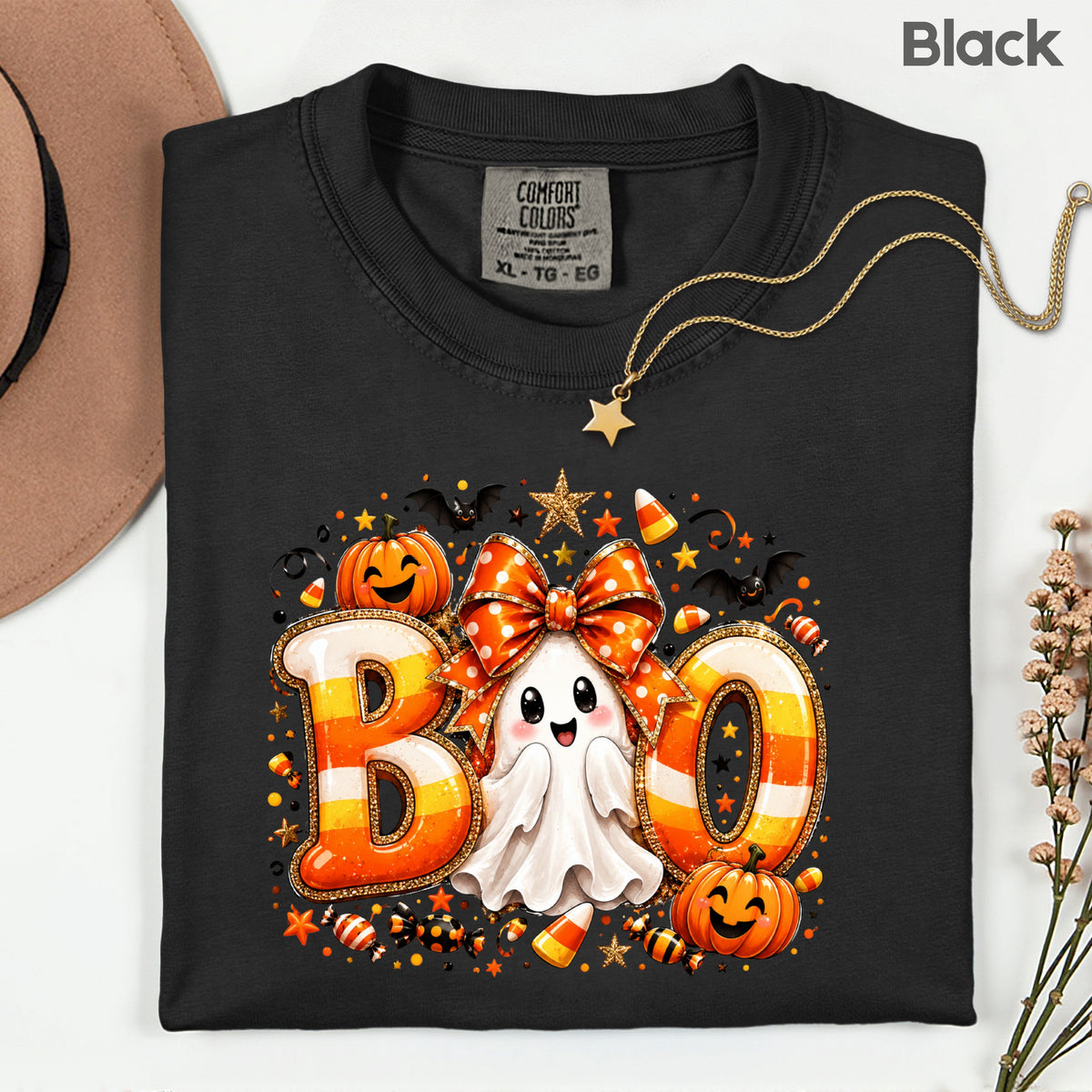 Halloween Boo Ghost Orange Bow T-Shirt, Candy Corn Pumpkin Spooky Season Tee