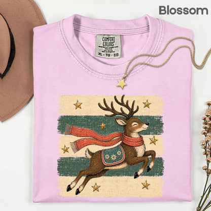 Vintage Christmas Reindeer T-Shirt, Flying Reindeer Scarf Retro Winter Comfort Color Tee