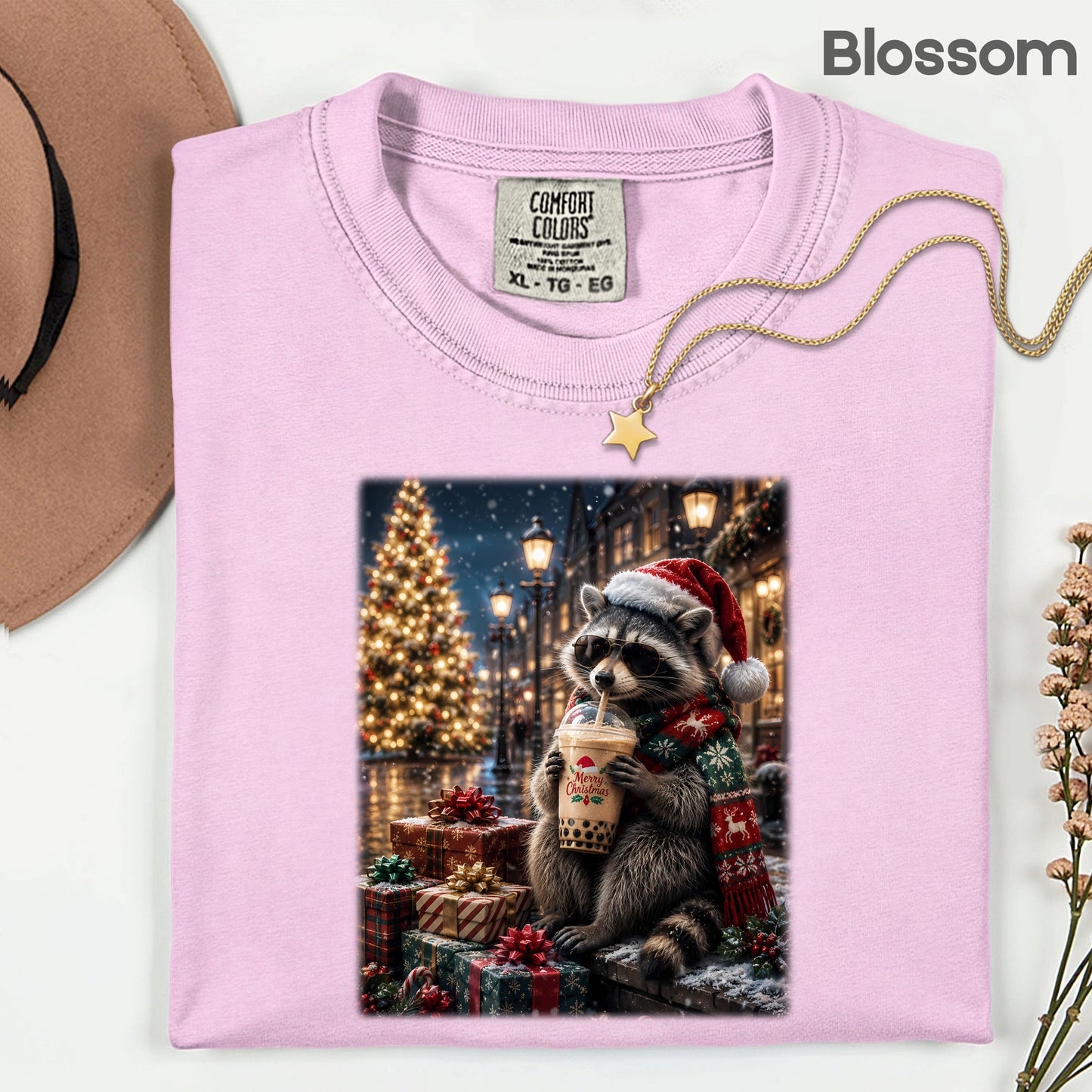 Christmas Raccoon Santa Hat T-Shirt, Coffee Drink Cute Holiday Winter Comfort Color Tee