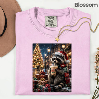 Christmas Raccoon Santa Hat T-Shirt, Coffee Drink Cute Holiday Winter Comfort Color Tee