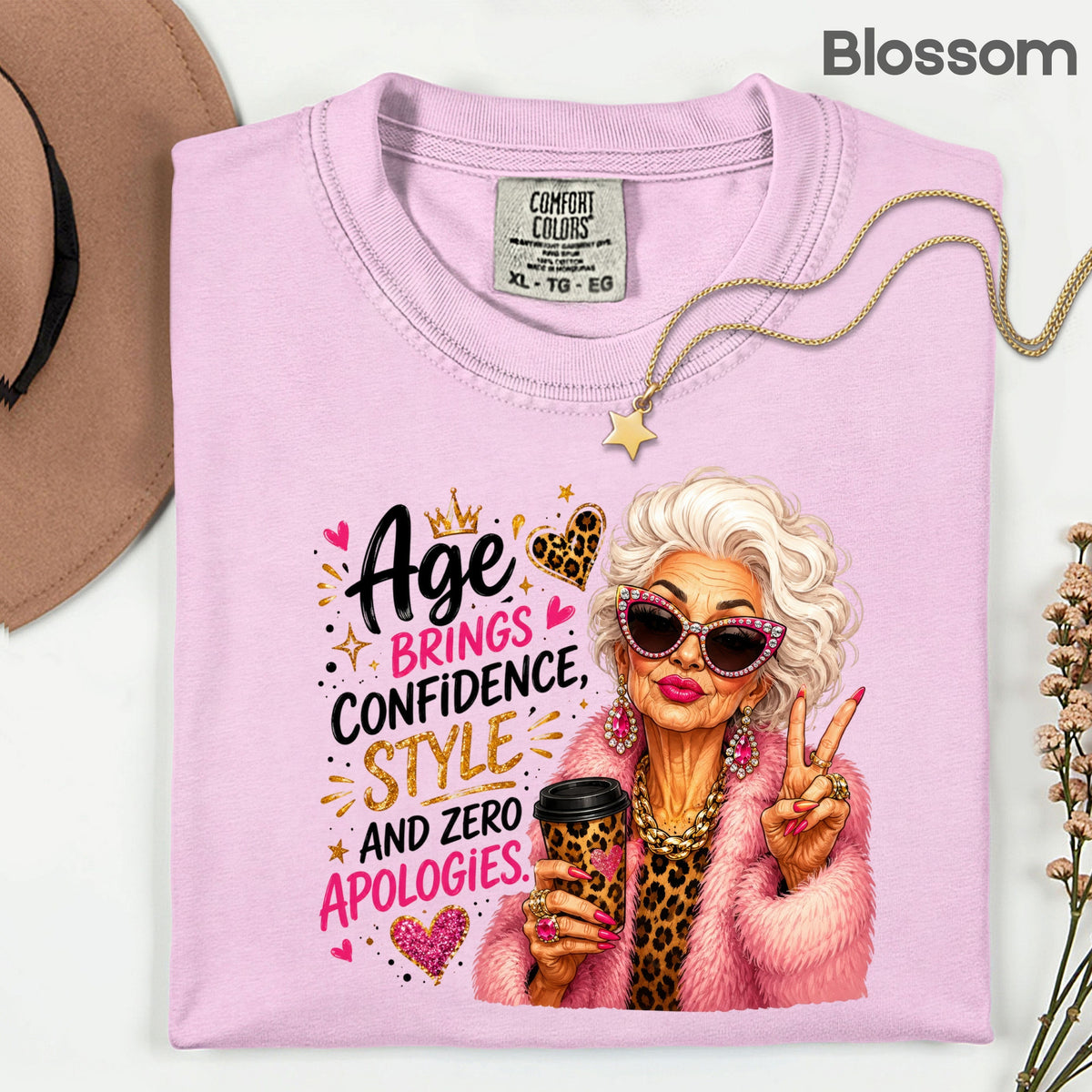 Age Brings Confidence Senior Woman T-Shirt, Fabulous Glam Leopard Coffee Comfort Color Tee