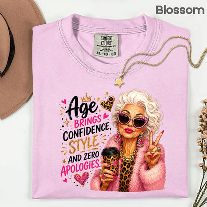 Age Brings Confidence Senior Woman T-Shirt, Fabulous Glam Leopard Coffee Comfort Color Tee