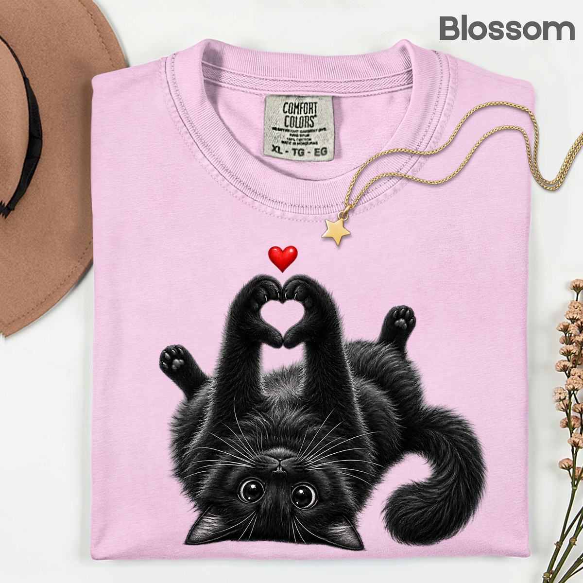 Black Cat Heart Hands T-Shirt, Cute Kitty Kitten Lover Heart Paws Love Tee