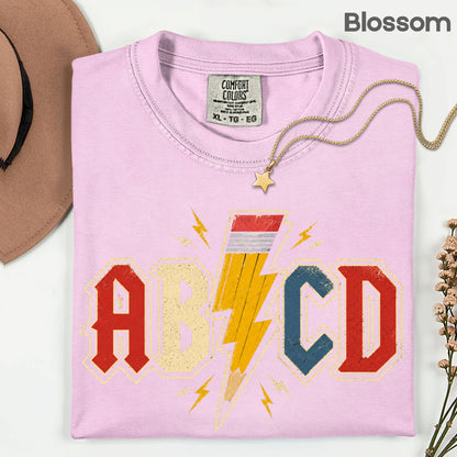 AB CD Lightning Bolt Pencil Teacher T-Shirt, Rock N Roll Back to School Comfort Color Tee