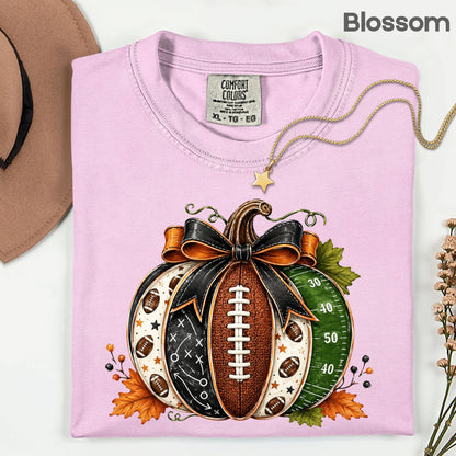 Football Pumpkin Bow Fall T-Shirt, Game Day Football Field Patchwork Autumn Tee