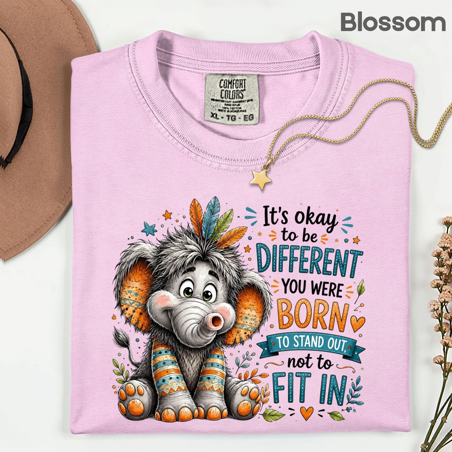 It's Okay to Be Different Elephant T-Shirt, Cute Feathers Stand Out Quote Tee