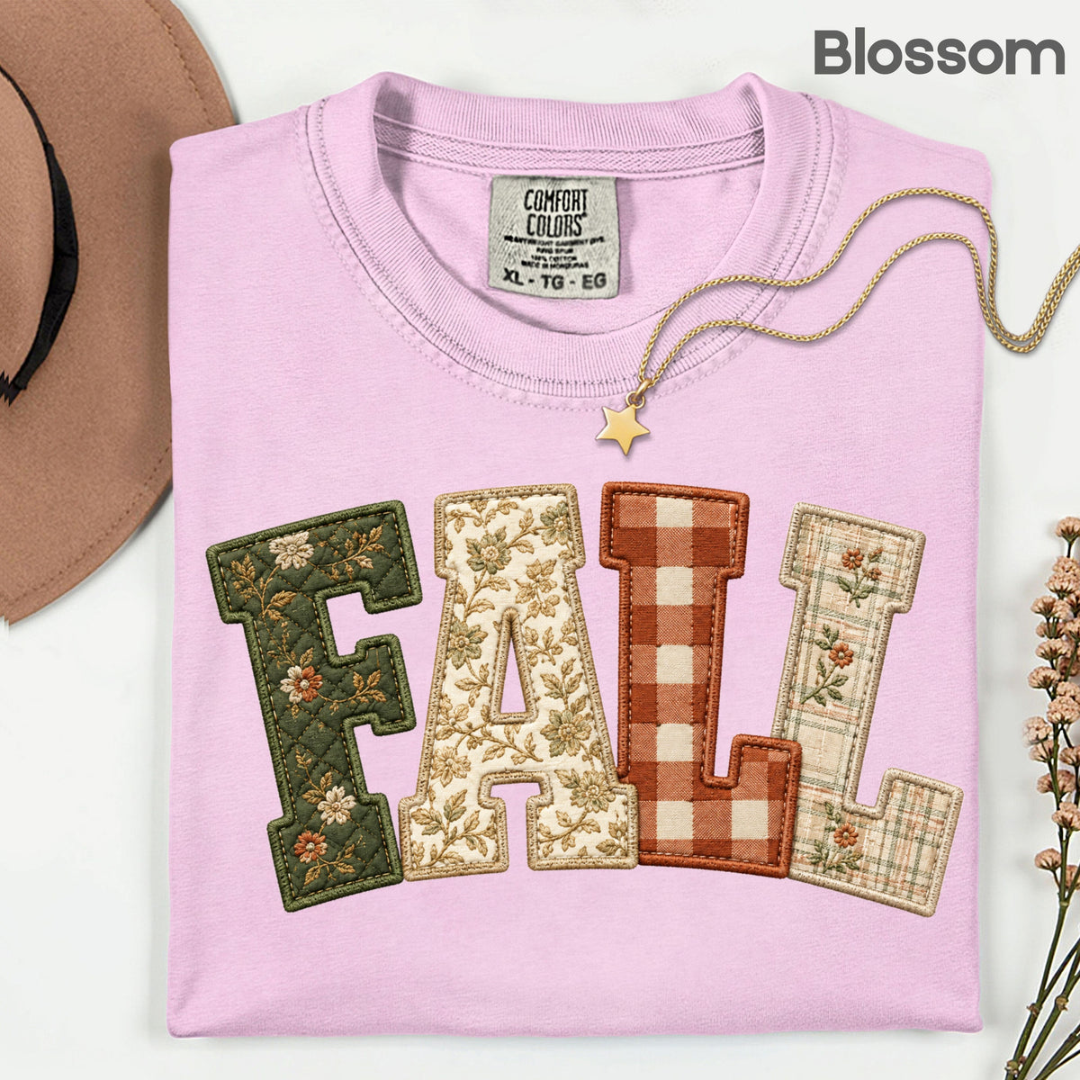 Fall Patchwork Chenille Letters T-Shirt, Quilted Plaid Autumn Thanksgiving Comfort Color Tee