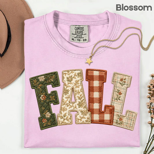 Fall Patchwork Chenille Letters T-Shirt, Quilted Plaid Autumn Thanksgiving Comfort Color Tee