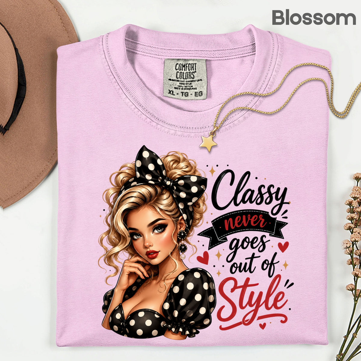 Classy Never Goes Out of Style Pinup Girl T-Shirt, Vintage Polka Dot Bow Tee Sweatshirt