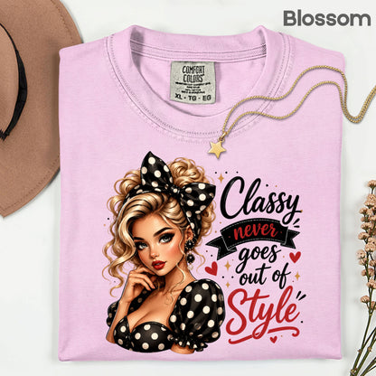 Classy Never Goes Out of Style Pinup Girl T-Shirt, Vintage Polka Dot Bow Tee Sweatshirt