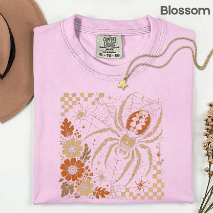 Vintage Fall Halloween Spider T-Shirt, Floral Spiderweb Checkered Spooky Season Tee