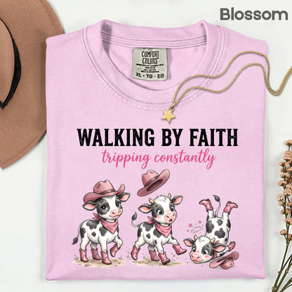 Funny Western Cow Walking by Faith T-Shirt, Pink Cowboy Boots Christian Humor Tee
