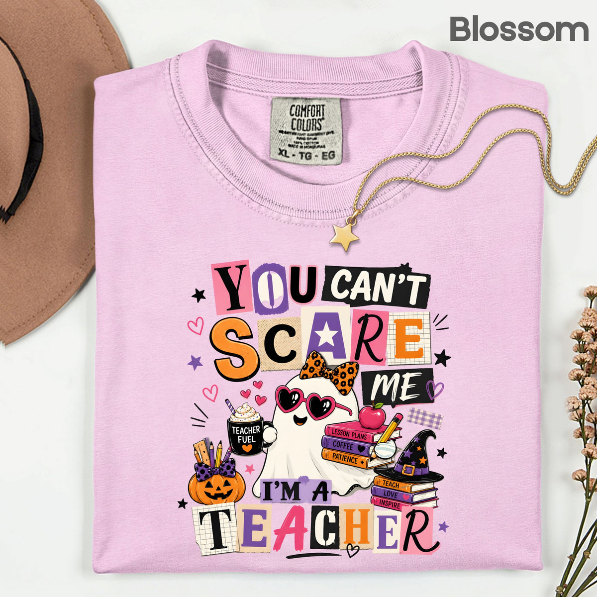 You Can't Scare Me Teacher Halloween T-Shirt, Ghost Books Coffee Comfort Color Tee