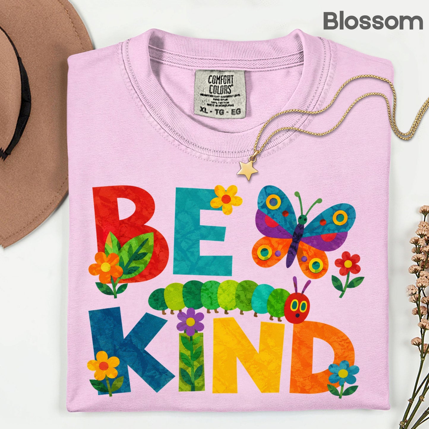 Be Kind Caterpillar Butterfly T-Shirt, Colorful Flowers Storybook Teacher Comfort Color Tee