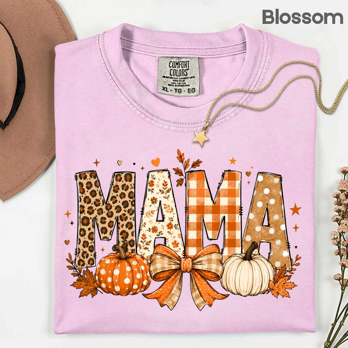 Fall Mama Pumpkin Leopard Plaid T-Shirt, Varsity Letters Autumn Leaves Bow Thanksgiving Mom Tee