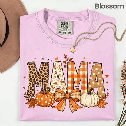 Fall Mama Pumpkin Leopard Plaid T-Shirt, Varsity Letters Autumn Leaves Bow Thanksgiving Mom Tee