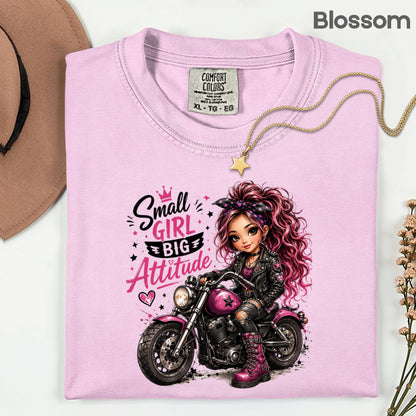 Small Girl Big Attitude Biker Girl T-Shirt, Pink Motorcycle Cute Rocker Tee