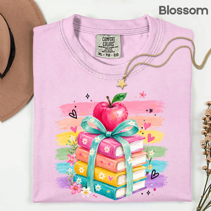 Coquette Stacked Books Teacher T-Shirt, Apple Ribbon Colorful Brushstrokes Comfort Color Tee