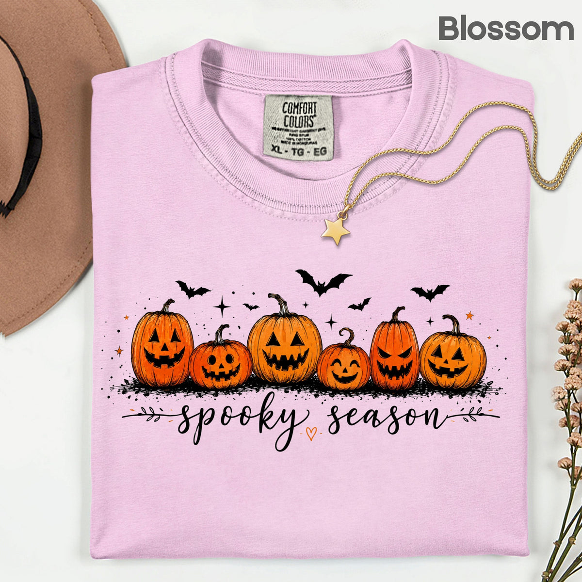 Spooky Season Jack O Lantern T-Shirt, Pumpkin Patch Bats Cursive Halloween Tee Sweatshirt