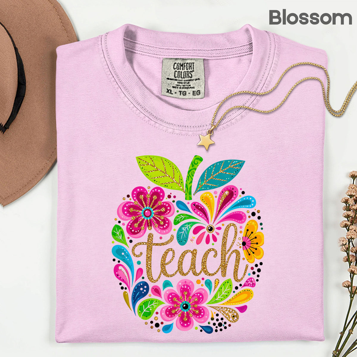 Teacher Teach Floral Apple T-Shirt, Colorful Back to School Teacher Life Tee