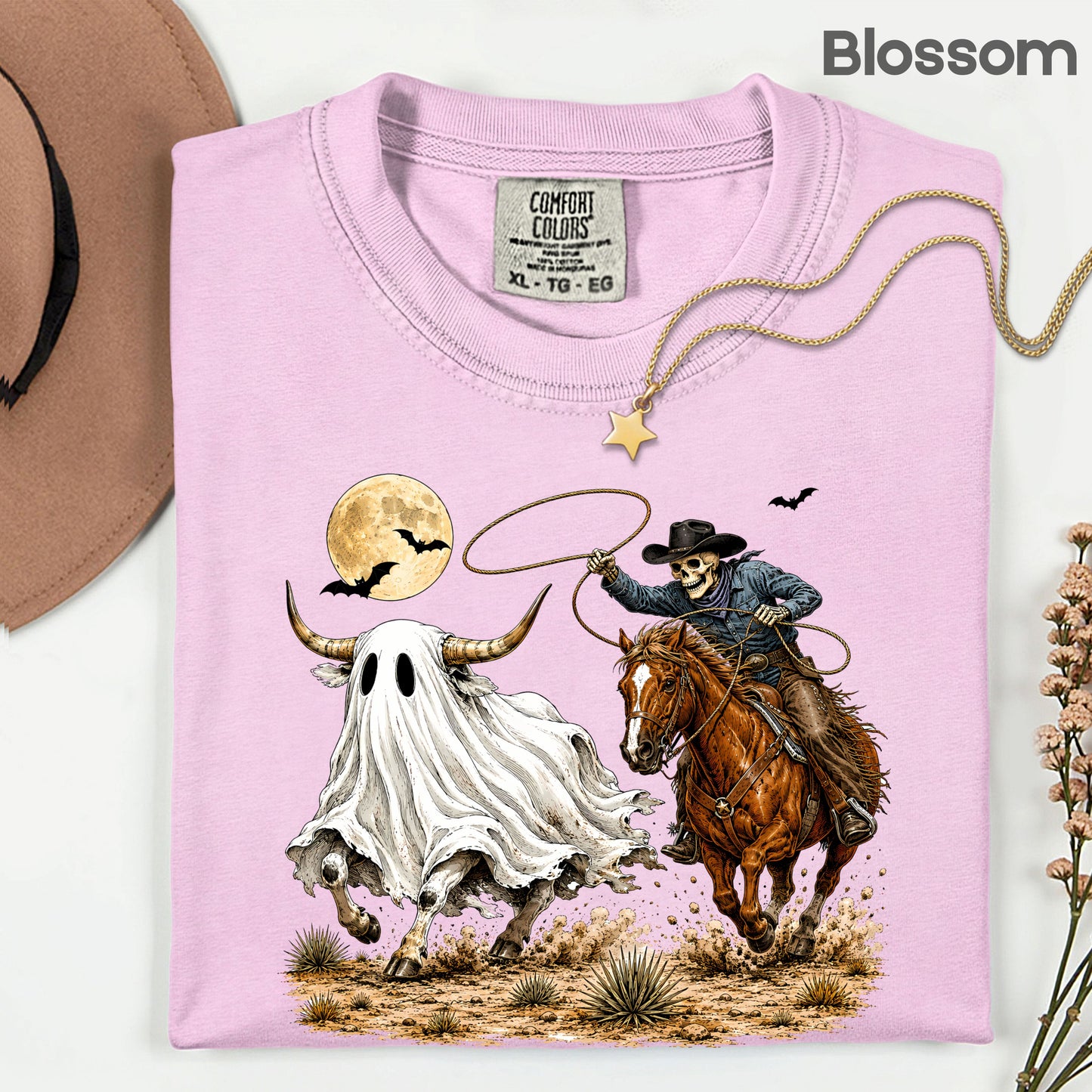 Halloween Skeleton Cowboy Ghost T-Shirt, Western Rodeo Bull Lasso Spooky Tee