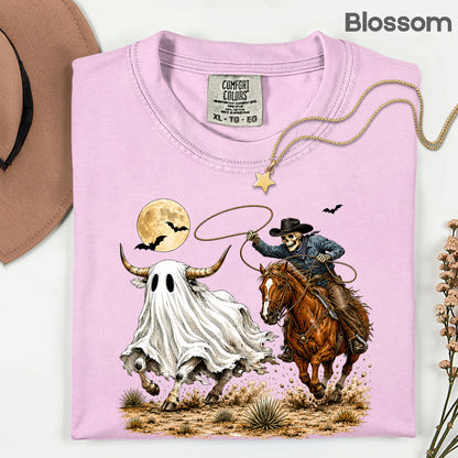 Halloween Skeleton Cowboy Ghost T-Shirt, Western Rodeo Bull Lasso Spooky Tee