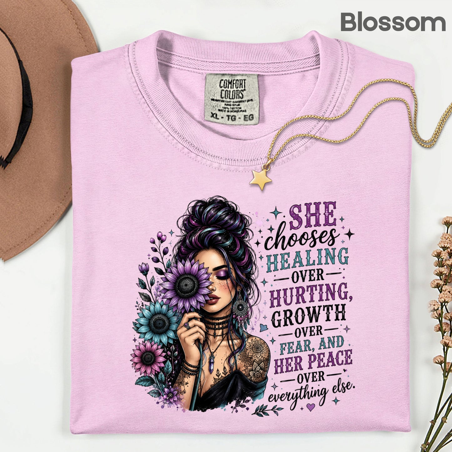 Inspirational Healing Woman She Chooses Healing Over Hurting T-Shirt, Floral Messy Bun Sunflower Tee