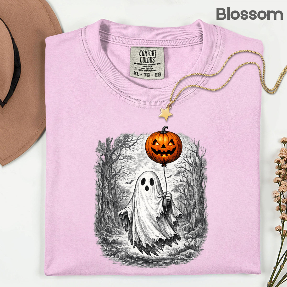 Vintage Halloween Ghost Pumpkin Balloon T-Shirt, Spooky Forest Retro Tee