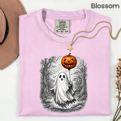 Vintage Halloween Ghost Pumpkin Balloon T-Shirt, Spooky Forest Retro Tee