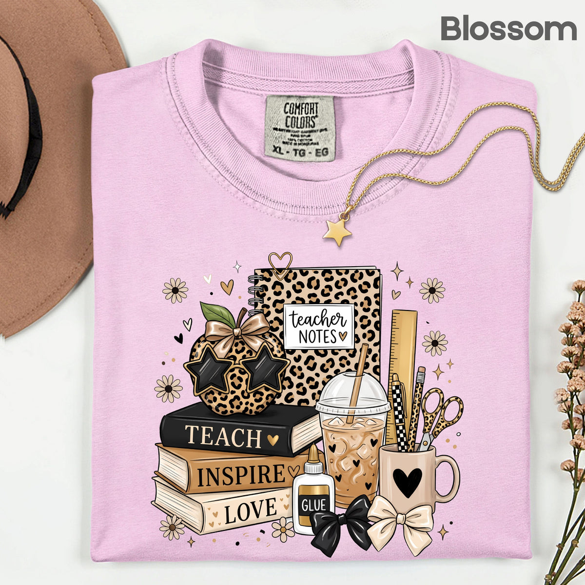 Teach Inspire Love Leopard Teacher T-Shirt, Notebook Coffee Iced Drink Comfort Color Tee