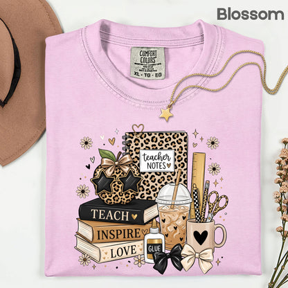 Teach Inspire Love Leopard Teacher T-Shirt, Notebook Coffee Iced Drink Comfort Color Tee