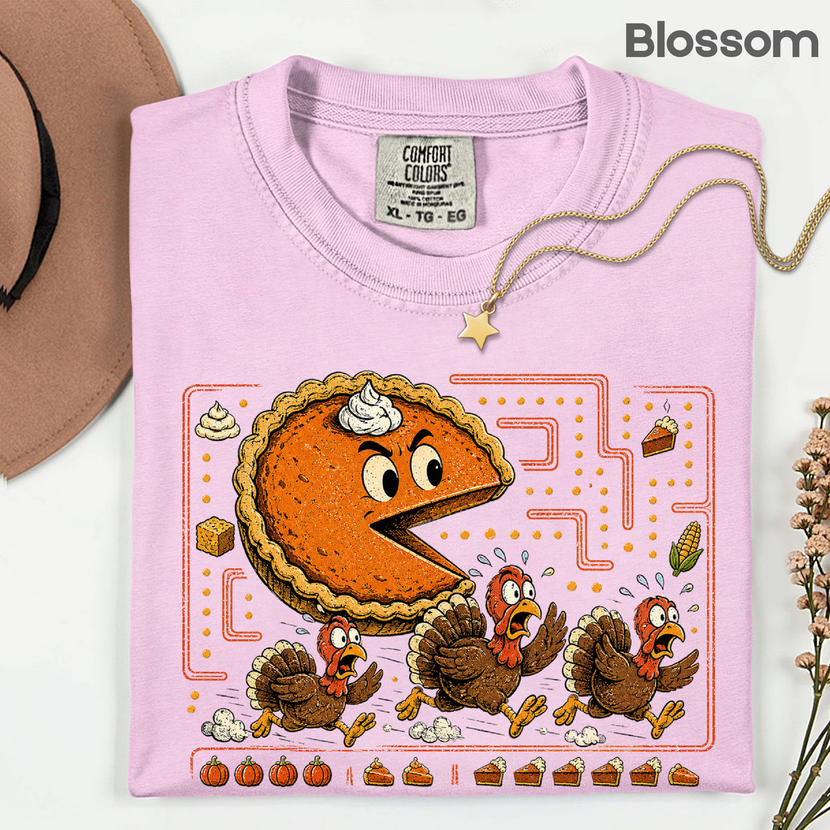 Funny Thanksgiving Pacman Pumpkin Pie T-Shirt, Chasing Turkeys Maze Video Game Tee