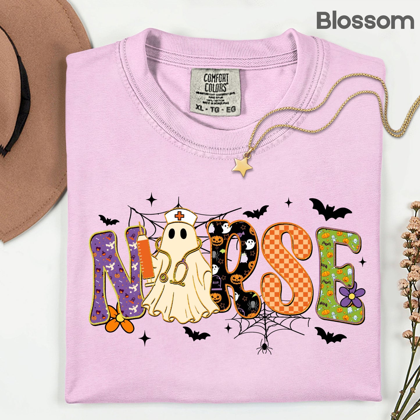 Halloween Nurse Ghost T-Shirt, Spooky Nurse Life Hat Syringe Bats Tee