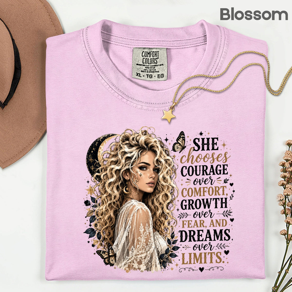 She Chooses Courage Inspirational T-Shirt, Blonde Woman Butterfly Crescent Moon Tee Sweatshirt