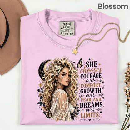 She Chooses Courage Inspirational T-Shirt, Blonde Woman Butterfly Crescent Moon Tee Sweatshirt